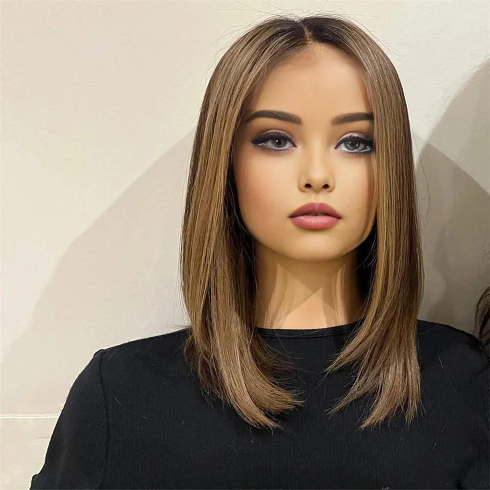 Highlight Blond long full lace straight natural dark brown Human Hair Wig With Baby Hair HD Lace European Hair lace front Preplucked