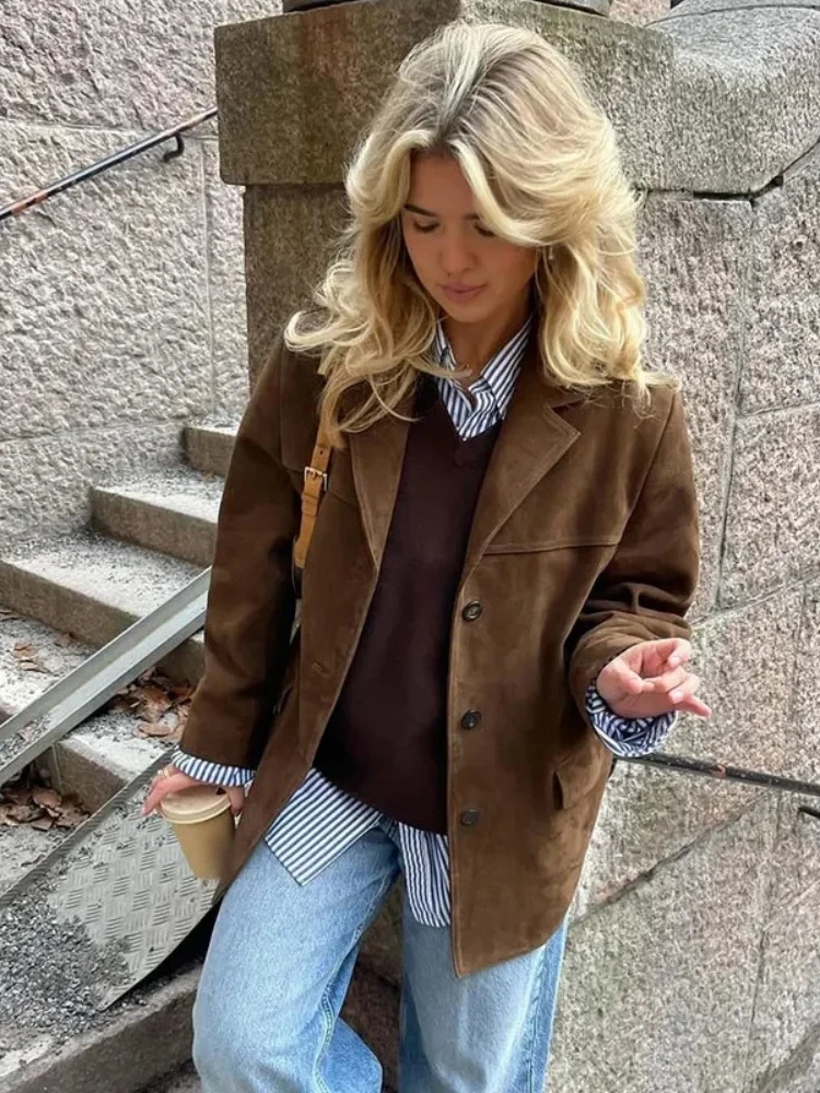 Vintage Brown Suede Leather Blazer Jackets For Women Winter Fashion Lapel Single Breasted Pockets Crop Coats Women Outwear 250811