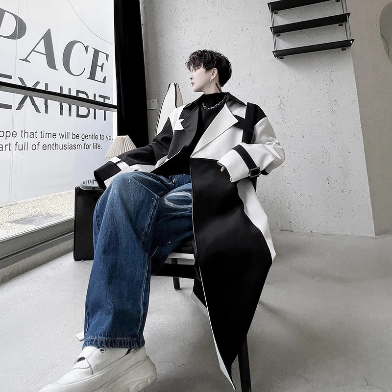 Mens Net Celebrity Streetwear Fashion Black White Splice Loose Casual Long Jacket Windbreaker Trench Coat Male Stage Clothing 250805