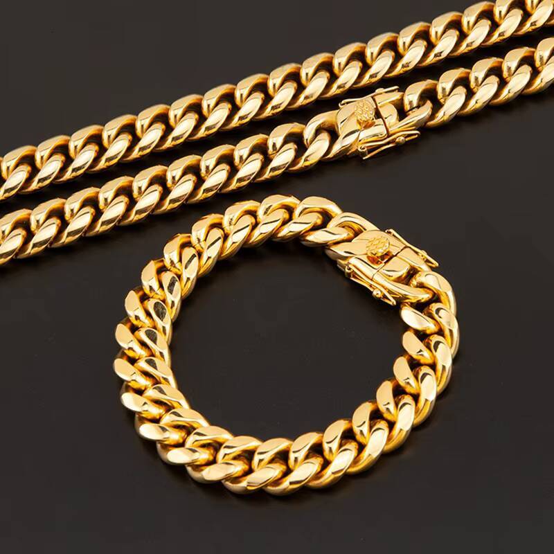 Wholesale Hip Hop Jewelry 18K Gold Plated 316L Stainless Steel Miami Cuban Link Curb Chain Necklace Bracelet for Men Women