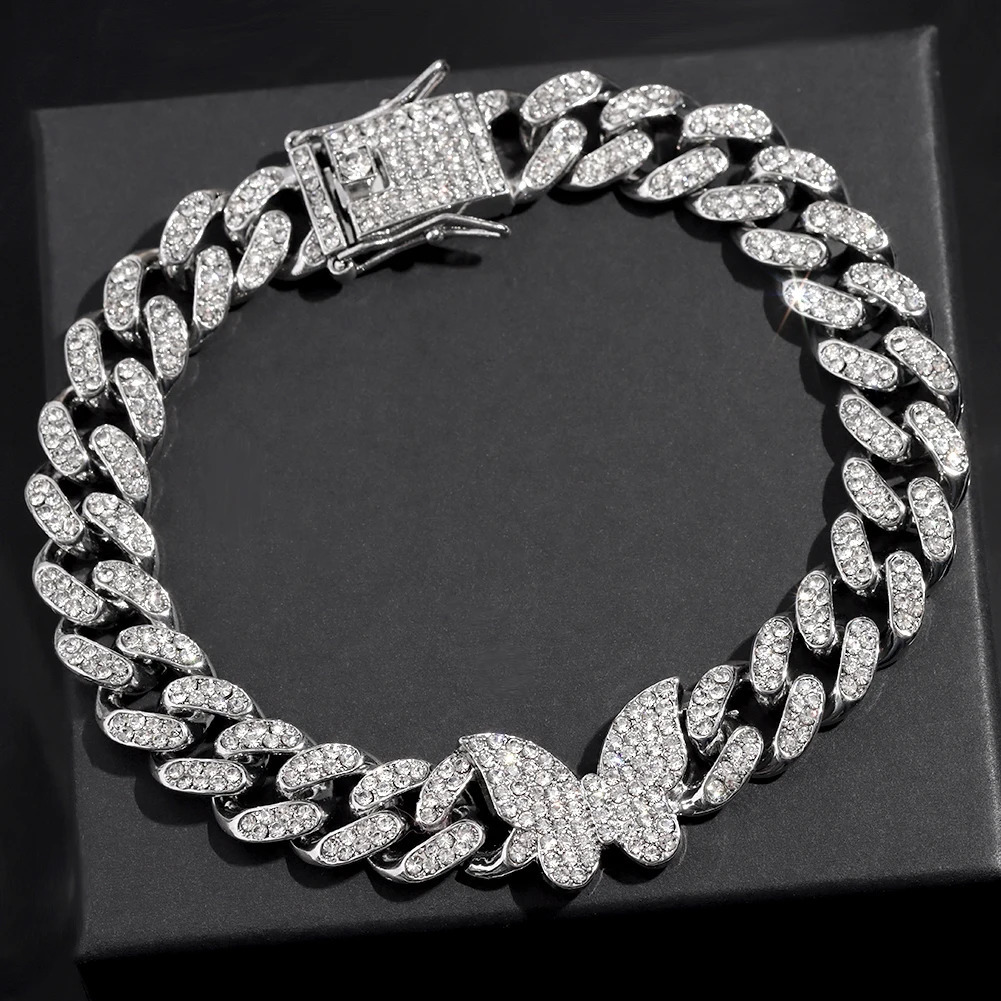 Iced Out Bling Cuban Link Chain Anklets for Women Gold Silver Color Shine Paved Crystal Butterfly Ankle Bracelet Hip Hop Jewelry 250812