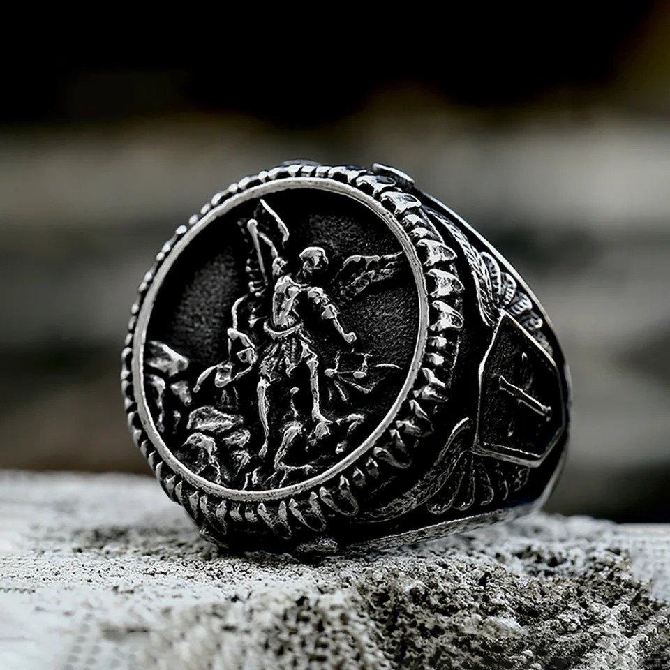 Punk Vintage Stainless Steel St Michael Rings Biker Fashion Cross Ring For Men Boys Renaissance Amulet Jewelry Gift Drop 250812