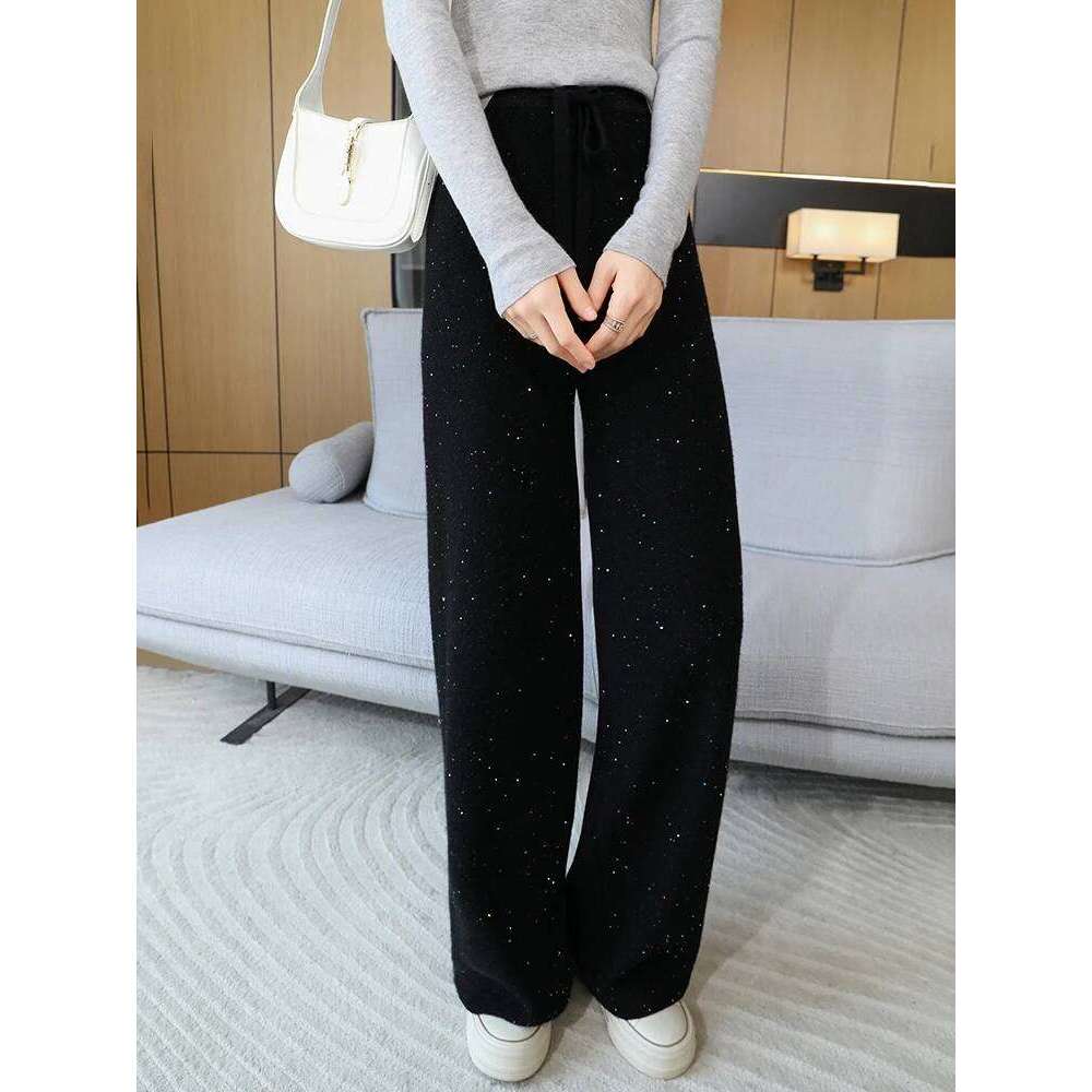 100% Merino Wool Wide Pants Women Autumn Winter Gold And Sier Silk Bead Knitted Narrow Version Straight Leg Casual Trouser 20250811