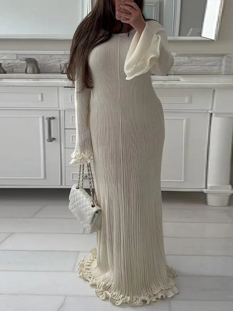 JULISSA MO Knitted Round Neck Ruffles Women Maxi Dress Long Sleeve High Waist Dress Female Autumn Skinny Elegant Party Clubwear 250805