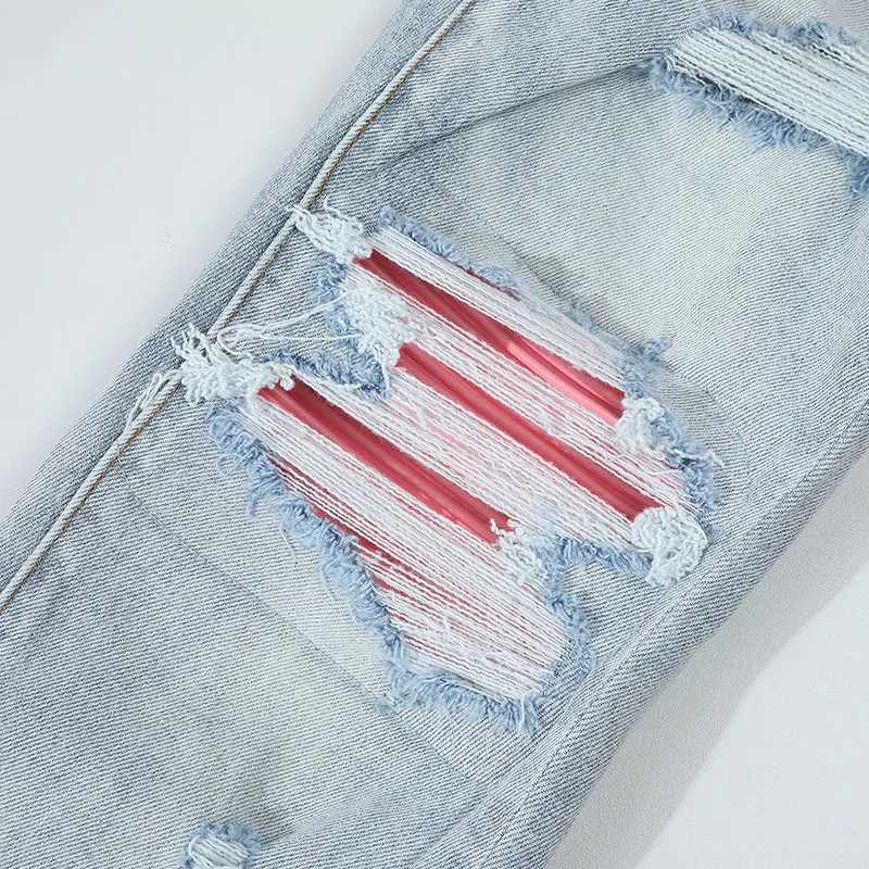 Street Fashion Men Jeans Retro Light Blue Stretch Skinny Fit Ripped Jeans Men Pink Leather Patched Designer Brand Hip Hop Pants X250812