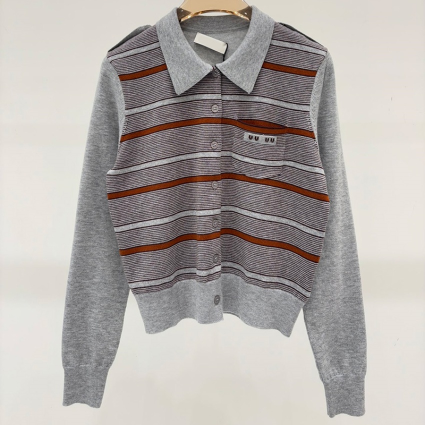 Designer Women Striped Knitwear Lapel Nack Casual Jumper Tops Spring Autumn Knitted Sweater Shirt