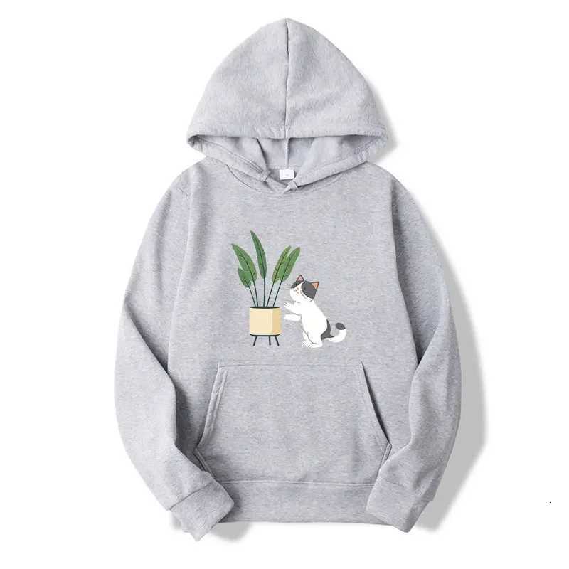 Teens Cute Cat and Plant Print Hoodies Casual Couple Hip Hop Streetwear Spring Long Sleeve Hoody Sweatshirts Y250811