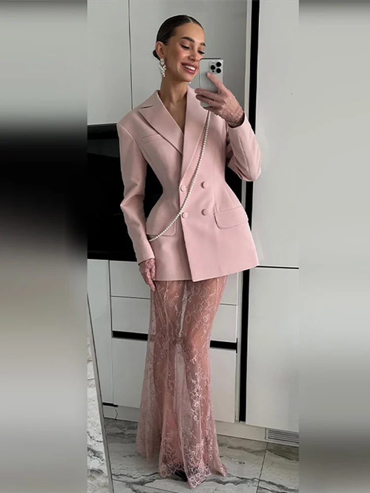 Elegant Blazer Skirt Sets Women Double Breasted Slim Notched Jacket Lace See Through Trousers Suits 2025 Spring Party Gown Set 250811