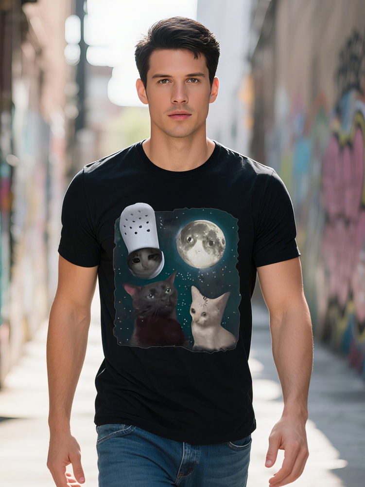 M S Casual Crew Neck T-Shirt Cat and Moon Print Summer Knit Top with Slight Stretch Regular Fit Perfect Gift for