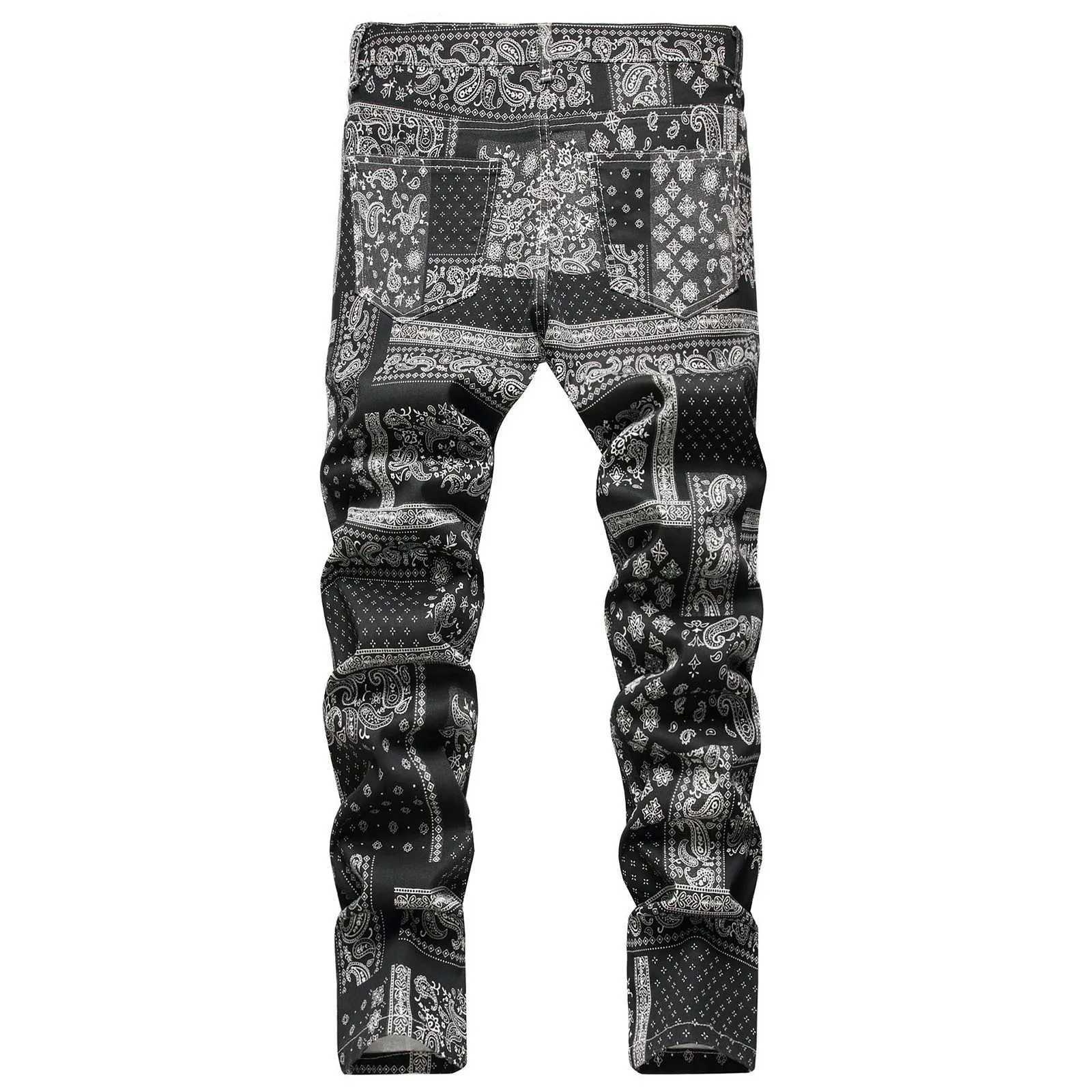 3D Digital Printed Paisley Bandanna Jeans Fashion Stretch Denim Pants Slim Straight Black Trousers X250812