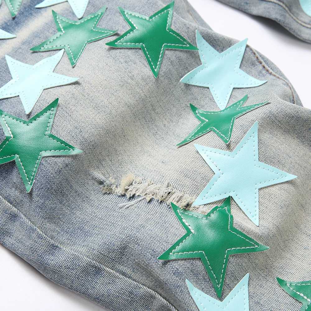 Men Leather Stars Patch Denim Jeans Streetwear Slim Tapered Pants with Holes Ripped Distressed Stretch Cotton Trousers X250812