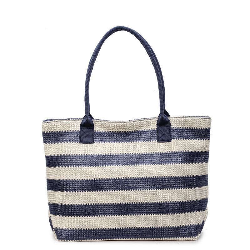 Summer Large Capacity Woven for Women New Versatile Ins Style Color-Block Striped Beach Straw Bag