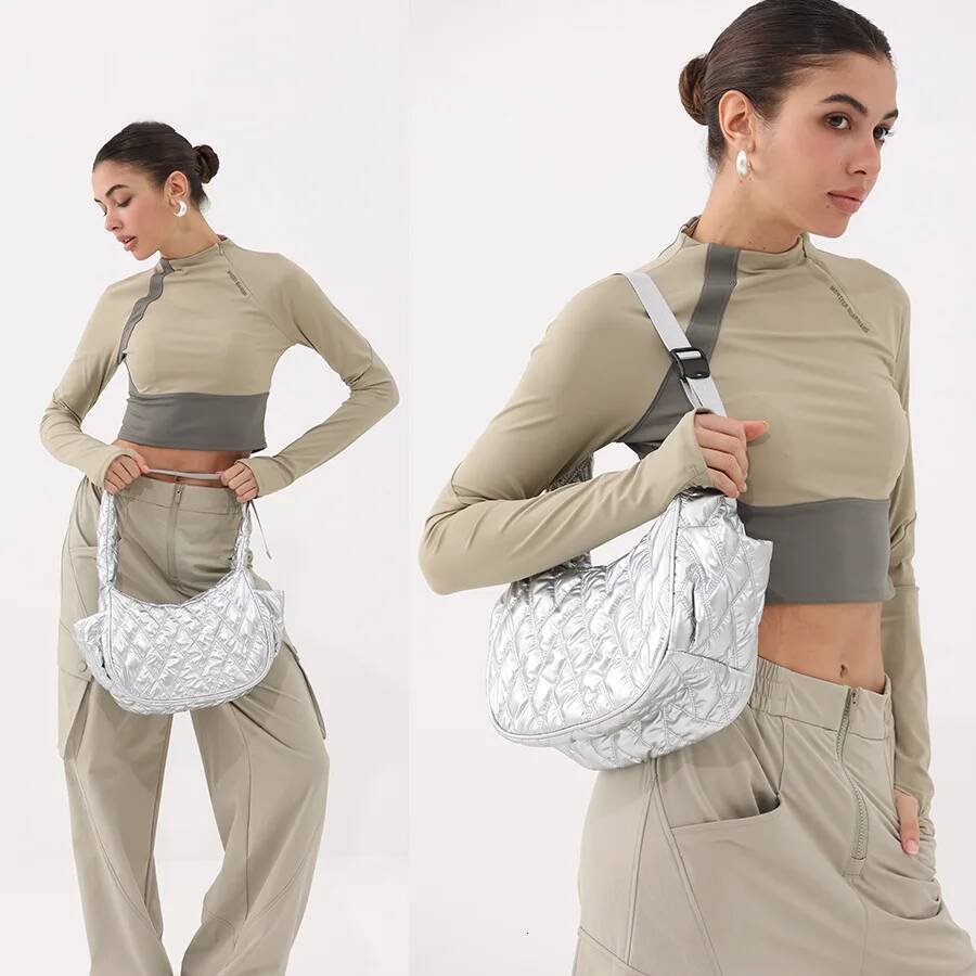 Fashion Quilted Padded Halfmoon Designer Solf Nylon Puffer Women Shoulder Bags Sier Lady Handbags Casual Hobos Bag 2025
