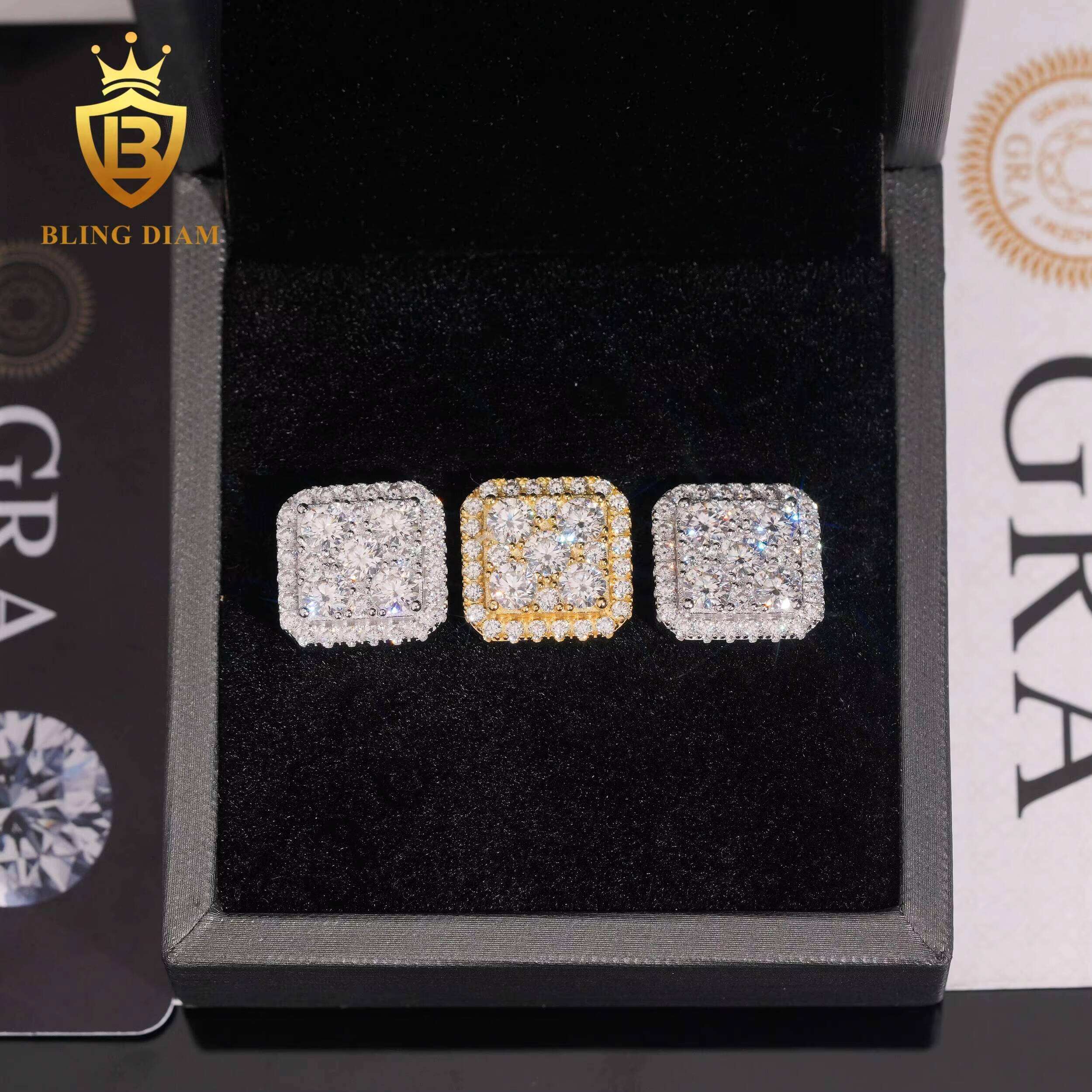 Trendy Jewelry Wholesale 925 Silver Gold Plated Vvs Moissanite Diamond Square Earrings Screw Back Stud Cluster for Man Women