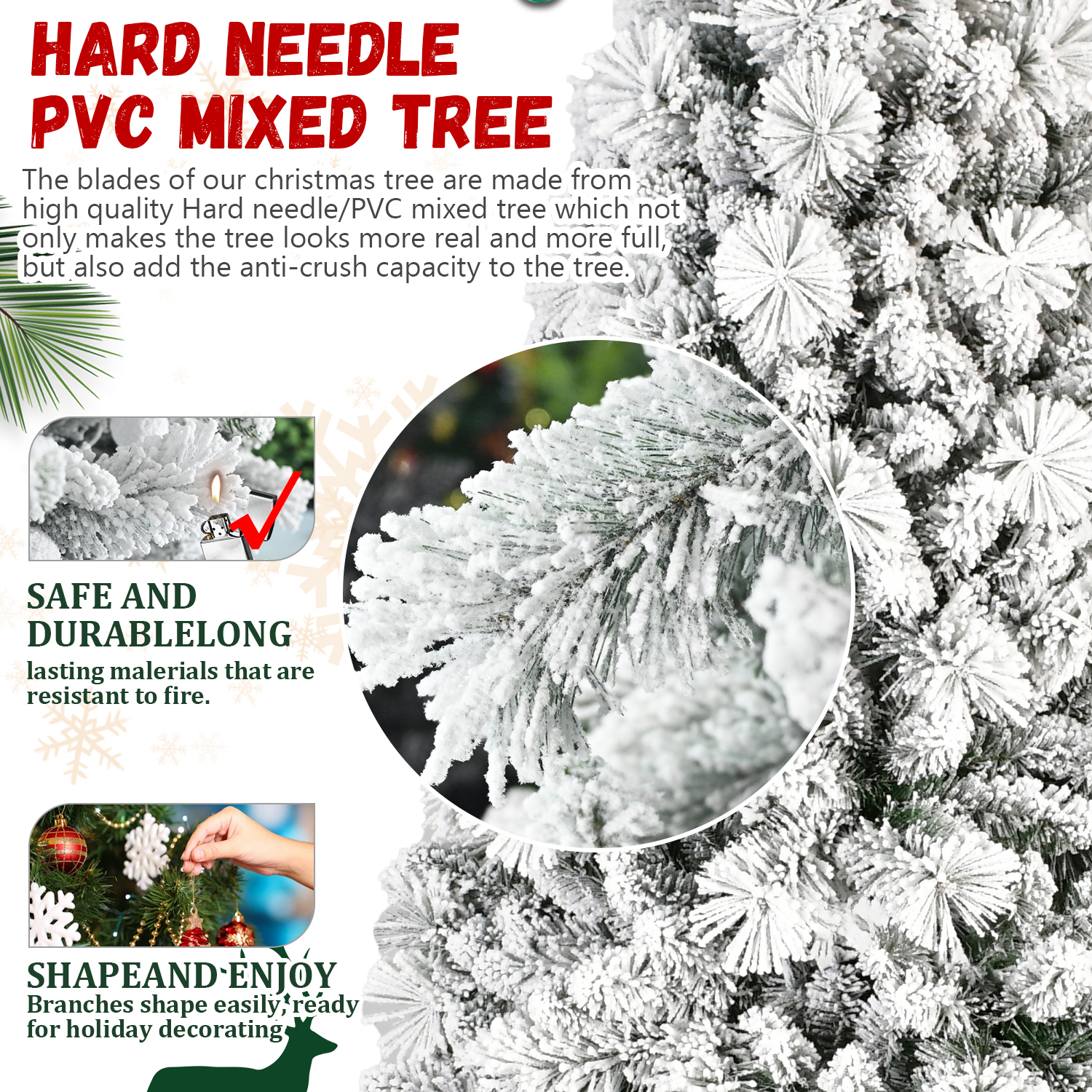PVC/Hard Needle Mixed Flocked Christmas Tree 4 feet -9 feet available, pre-installed with warm white led lights, Christmas decorations for family shop