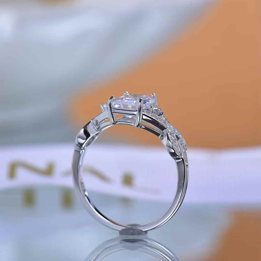 Moissanite Emerald Cut Ring Sparkly Square Gem with Twisted Band Diamond Look Silver Ring for Women