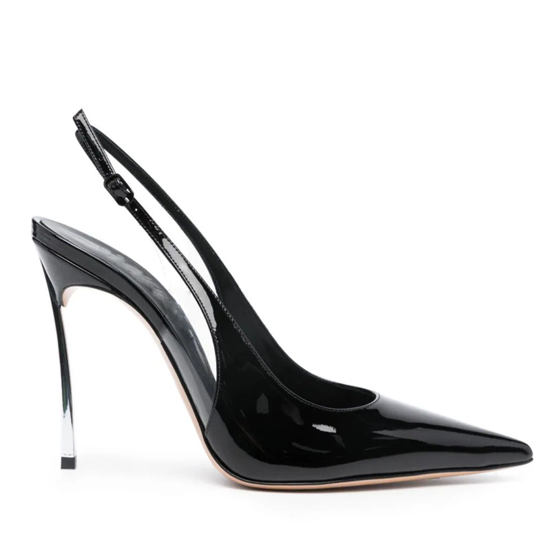 Patent Leather Stiletto Sandals - Pointed Toe Ankle Strap Heels 10Cm Steel Core Classic Black