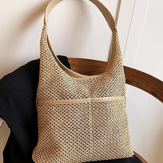 Woven Fresh Single Shoulder Underarm Tote Bucket Korean Classic Straw Women's Beach Bag Literary Forest Style
