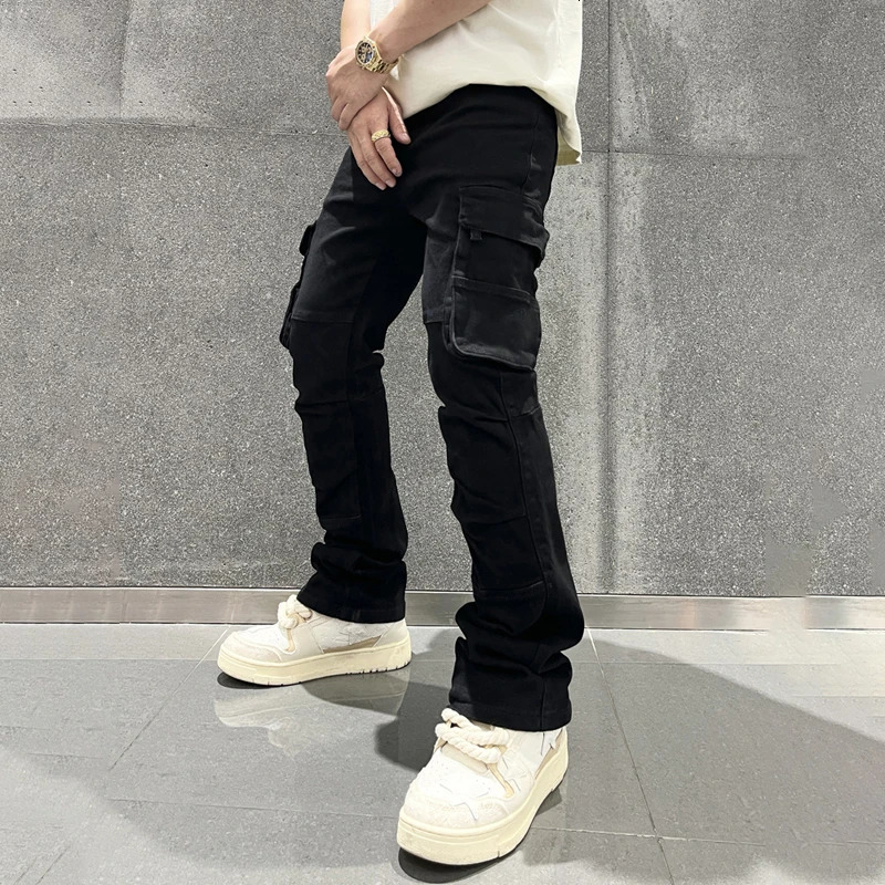 Smart Black Cargo Jeans Men Slim Fitting Straight Baggy Pants Side Pockets Y2K Clothes 250805