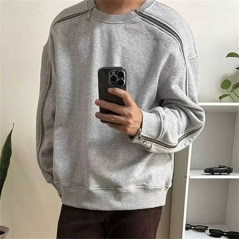 New Retro Zipper Design O-neck Sweatshirts For Men Autumn Y2K Streetwear Gray Pullover Hoodies Loose Hip Hop Fashion Sweat-shirt Y250811