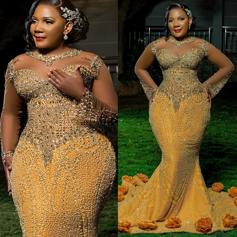 Plus Size Aso Ebi Prom Dress 2025 Evening Dresses For Special Occasions Sheer Neck Long Sleeves Beaded Lace Flora Birthday Dress Second Reception Gown