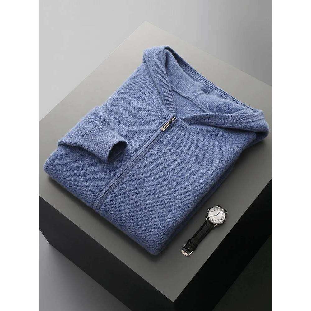 Thicken 100%Pure Wool Zipper Cardigan Men's Hooded Collar Knit Coat Casual Large Size Jacket Autumn Winter New Base Shirt 250812