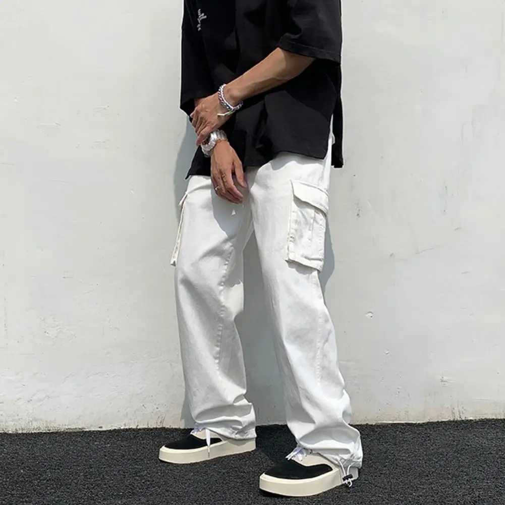 White Men Cargo Pants Hip Hop Wide Leg Sweatpants Mid Waist Loose Multi Pocket Straight Leg Cargo Pants Fashion Streetwear Pants X250812