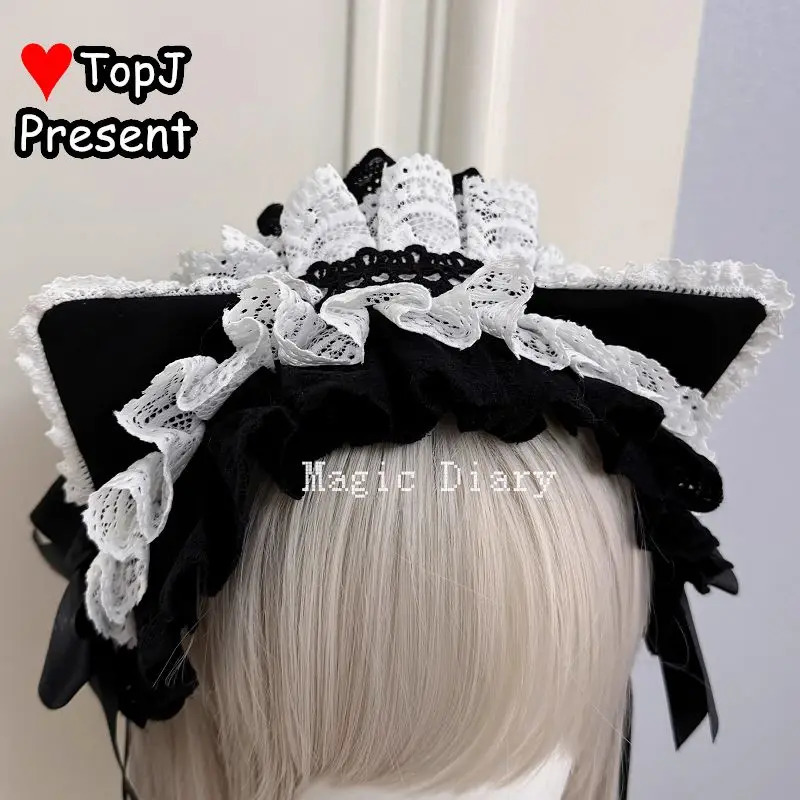 lovely Japanese handmade girl Harajuku Gothic Lolita cosplay sweet Lolita subculture angel lace flounce Kitty ear headband 250805