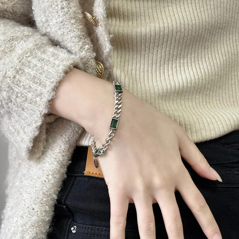925 Sterling Silver Green Stone Retro Chain Bracelet For Women Men Charms Party Gift Wedding Engagement Fashion Jewelry 250807