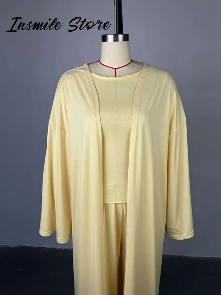 Casual Solid Women 3 Pieces Suits V-neck Long Coats O-neck Slim Top Wide Leg Trousers 2025 Spring Summer Fashion Female Sets 250811