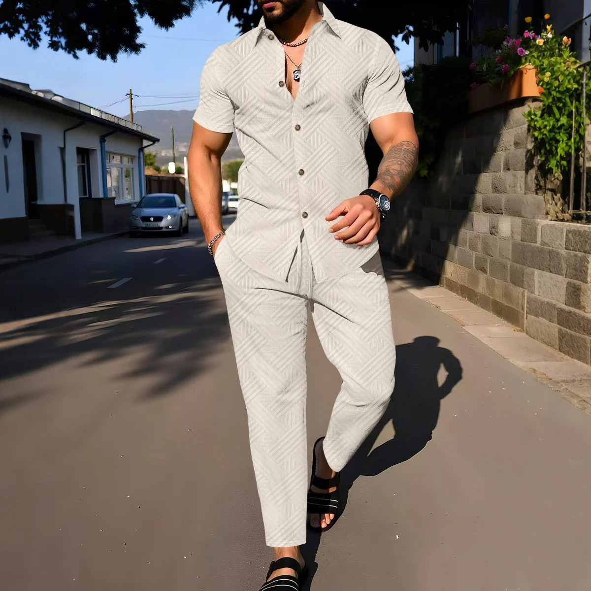 2025 Summer Mens Solid Color Jacquard Polo Two-Piece Set - Short-Sleeve Shirt Long Pants - Outdoor Stylish Suit for Men 250811