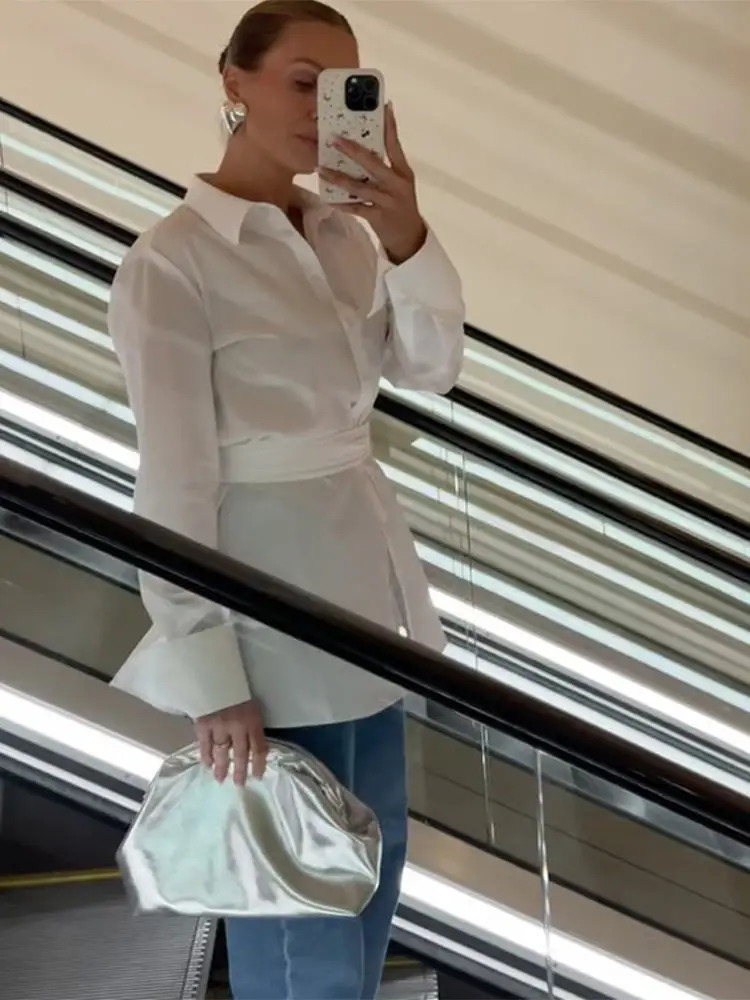 Fashion Waist Cinching White Shirt Women Long Sleeve Lapel Streetwear Blouse Casual Y2k Harajuku Irregular Spring Office Tops 250811