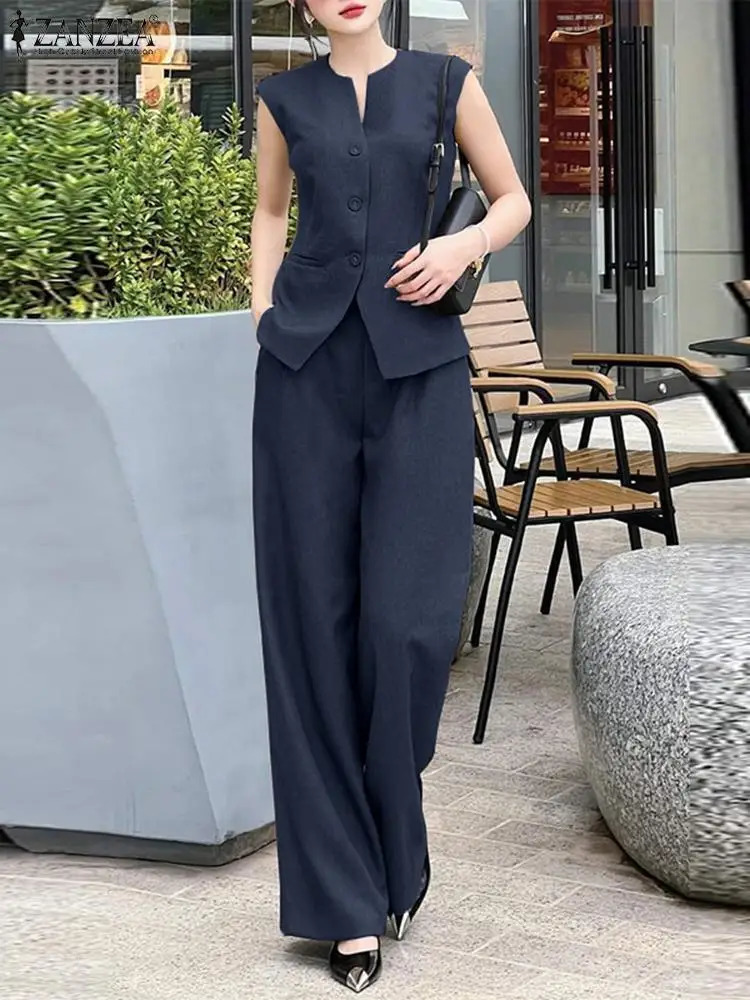 ZANZEA Women 2pcs Matching Sets Fashion Sleeveless Waistcoat Suits Office Lady Wide Leg Pants Casual Loose Solid Retro Outfits 250811