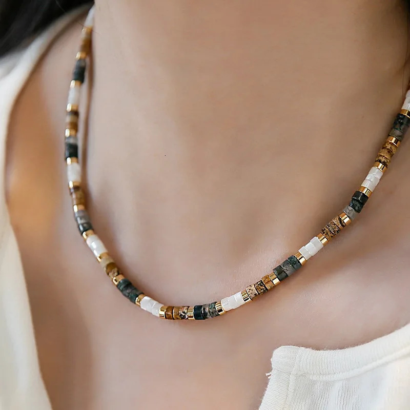 Minar Ethnic Multicolor Contrasted Natural Stone Beaded Necklace for Women Handmade Cubes Thread Strand Chokers Pendientes 250807