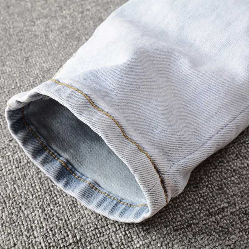 Mens Light Blue Pleated Patchwork Stretch Denim Jeans Streetwear Holes Ripped Pencil Pants Trendy Slim Skinny Trousers X250812
