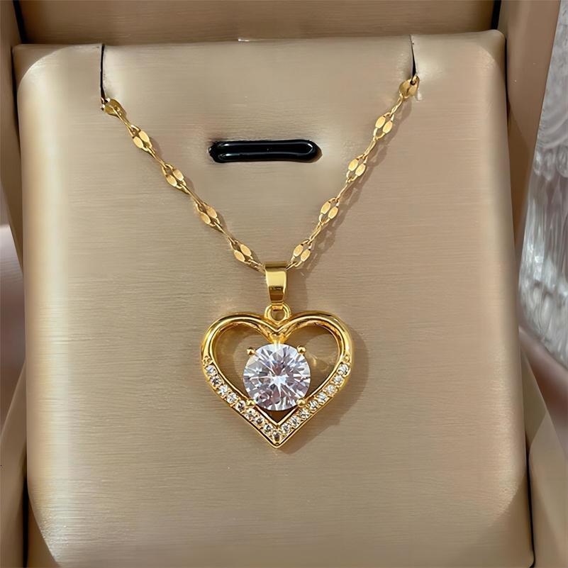 Trendy Heart Stainless Steel Zirconia Necklaces For Women Girls Love Gold Color Metal Necklace Party Birthday Daily Jewelry 250805