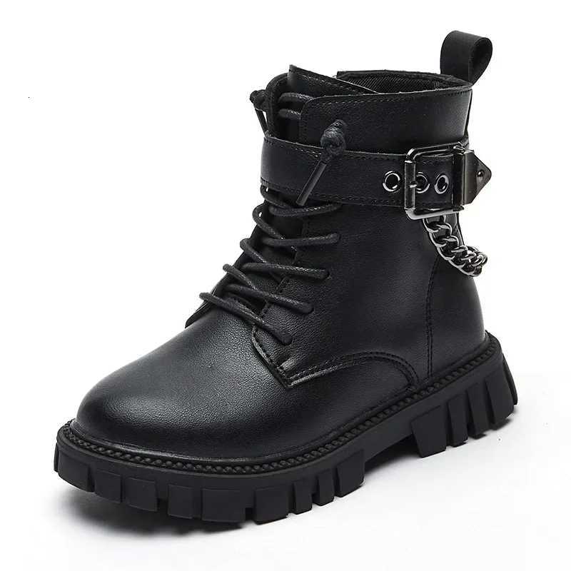 Children Boots Soft-soled Girls Tide Boots Autumn and Winter Warm British Style Boys Leather Boots Student Metal Chain Hot New XJ250812