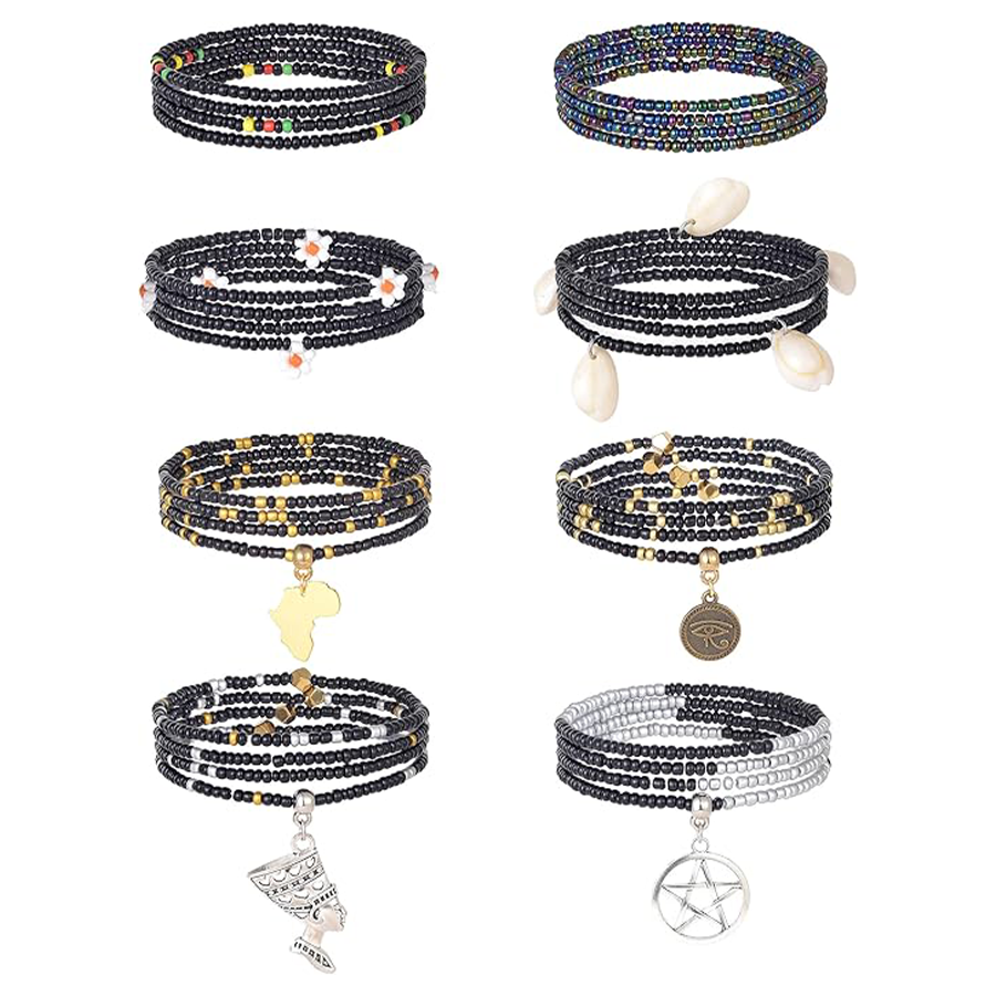 8Pcs 31.5 Inches African Waist Bead Chain Elastic Belly Beads Butterfly Shell Layered Body Chain Black Tone Jewelry Accessories for Women