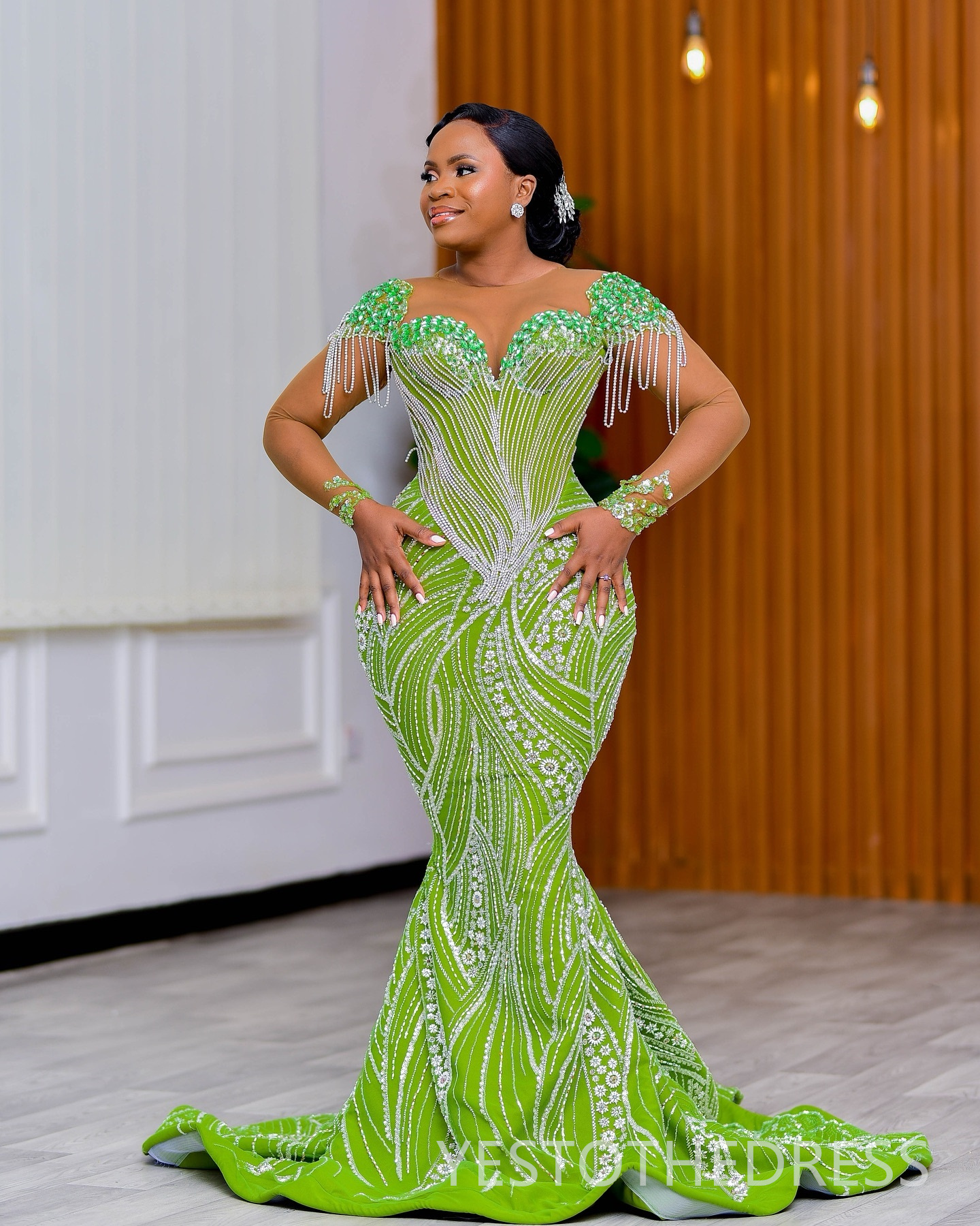 2025 Plus Size Green Prom Dress Evening Dresses For Black Women Sheer Neck Long Sleeves Beaded Lace Tassel Elegant Birthday Dress Second Reception Gow