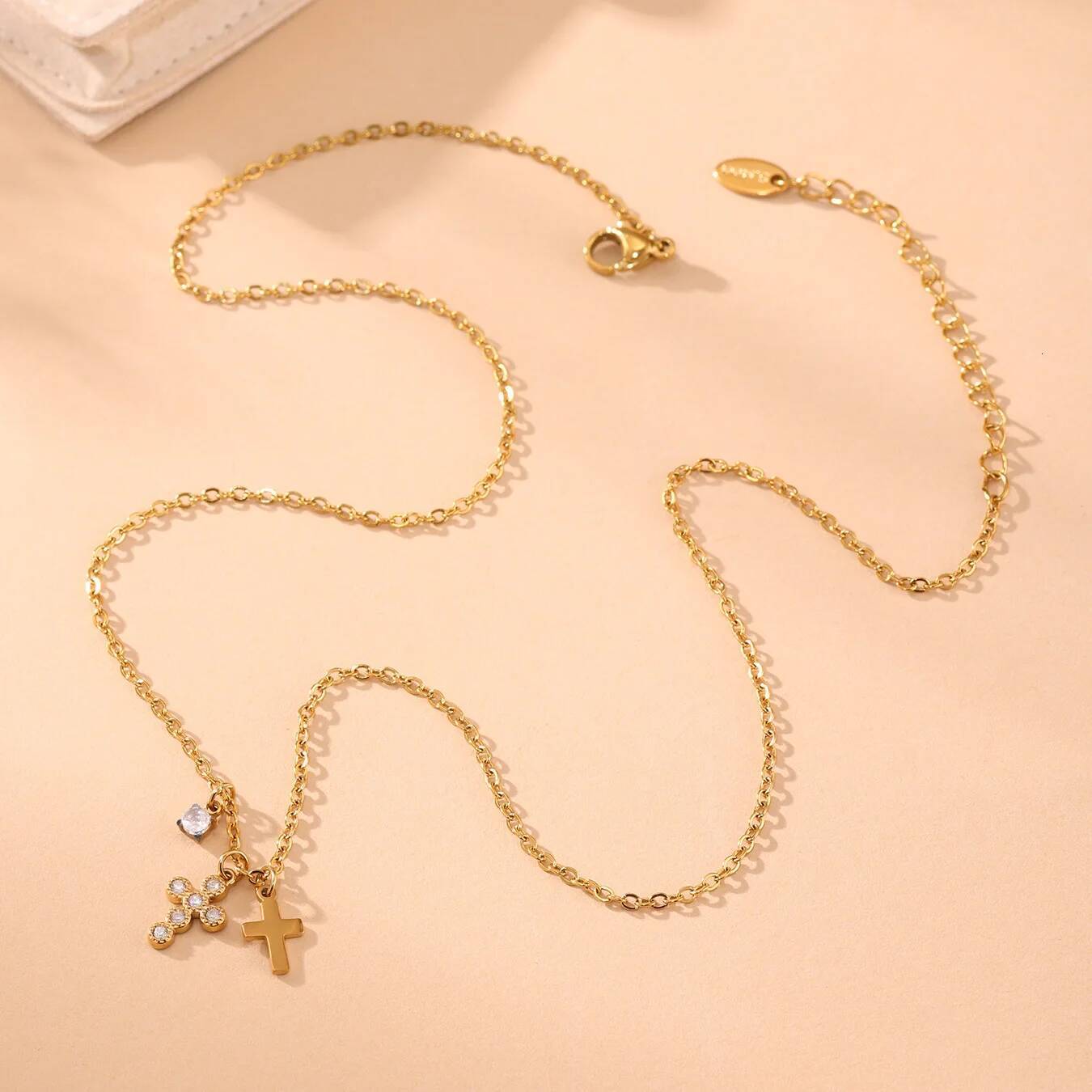 Nivora Stainless Steel Zircon Double Layer Cross Pendant Chain Necklace For Women PVD Gold Plated Neck Daily Wear Party Jewelry