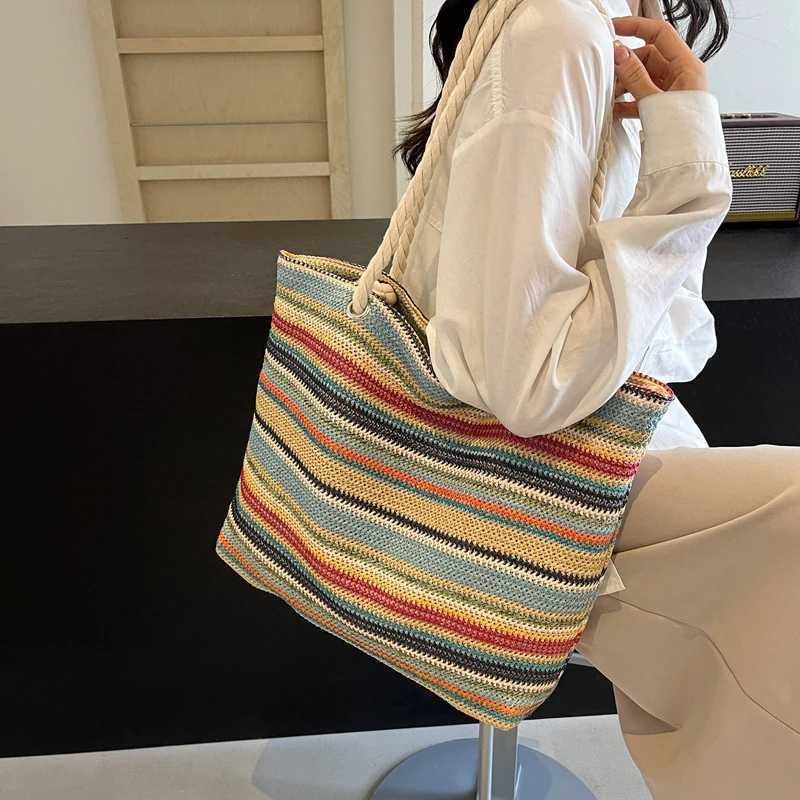 Straw Fabric Woven Design Women Tote Bags Rainbow Color Large Capacity Summer Beach Shoulder Shopper Bag Casual Commute Handbags Z250812