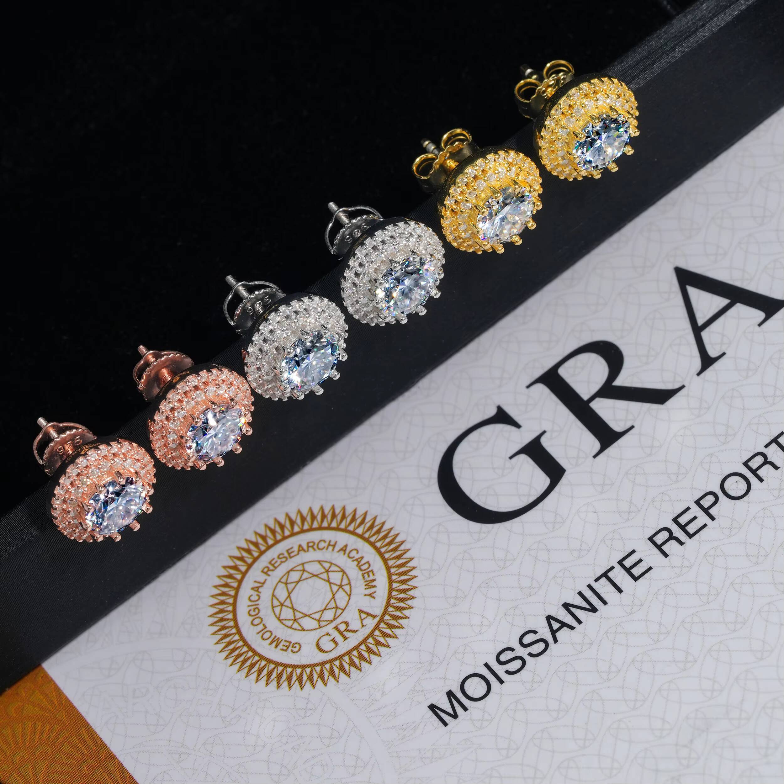 Hot Selling Halo Design 6.5MM Center Stone Iced Out 925 Sterling Silver Moissanite Stud Hip Hop Earrings