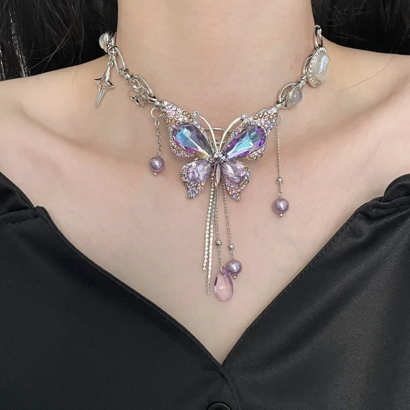Dreamy Purple Crystal Butterfly Charm Star Heart Flower Pearl Tassel Necklace Retro Exquisite Jewelry For Women Y2K 250807