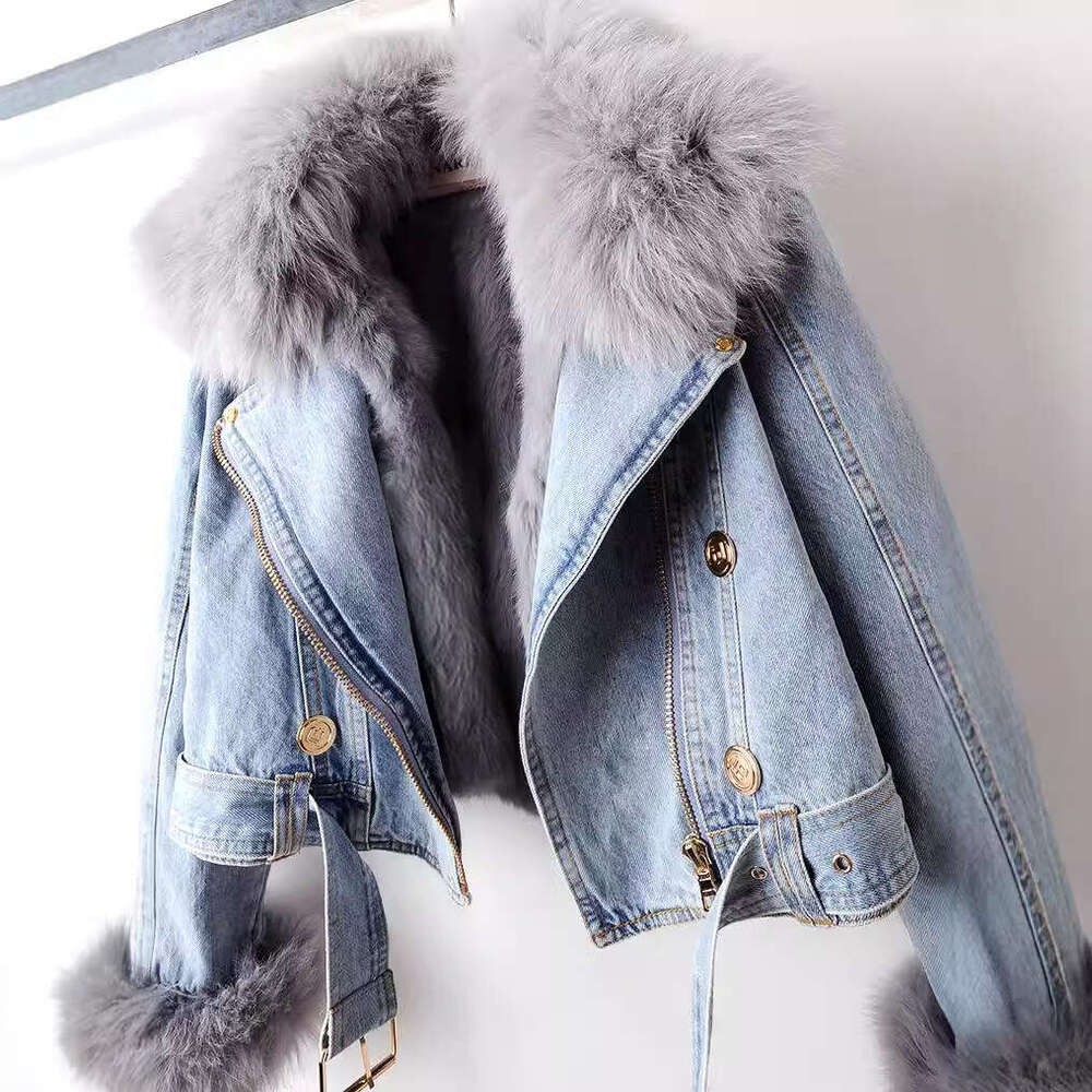 Autumn and winter new fox fur collar, rabbit fur inner lining, fashionable small denim jacket, women's short top jacket