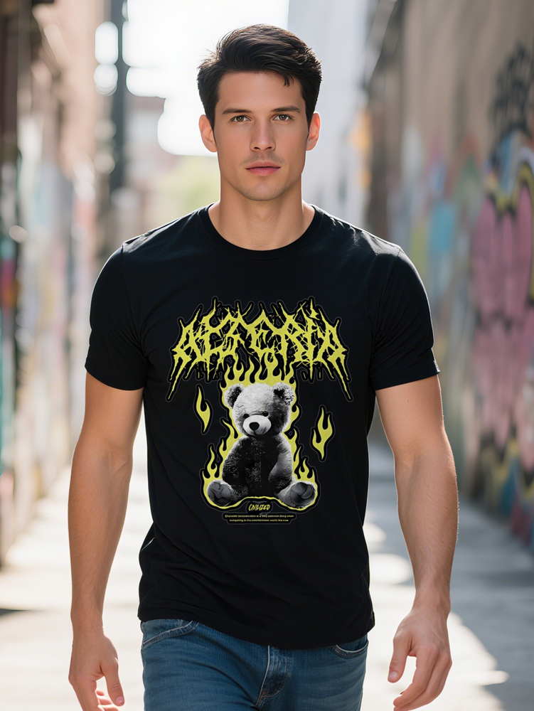 Men S Casual Crew Neck T Shirt Bear and Flame Print Summer Knit Tee Regular Fit with Slight Stretch is ideally