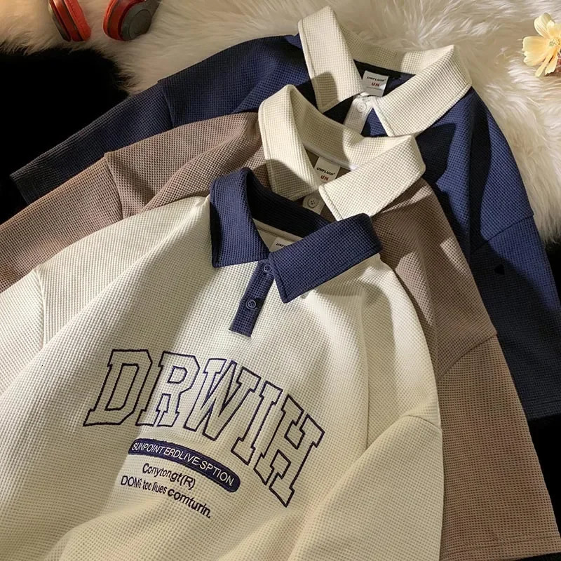 Fashionable Versatile Mens Polo Shirt American Style Vintage Lapel Short Sleeves Loose Fit Oversized T-shirt 250811