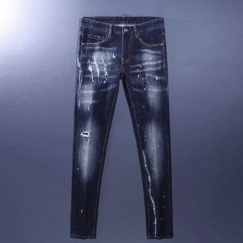 Fashionable mens deep blue jeans with scratches washed water nostalgic stretch slim fit painted jeans designer high street X250812