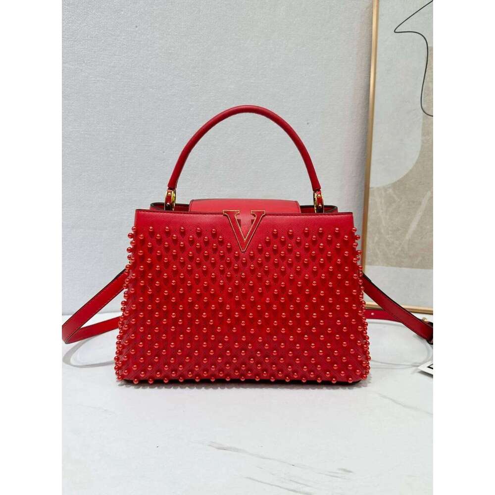 Designer Full Pearl Inlay PU Leather Handbag Women S Fashionable V Letter Single Shoulder Portable Messenger Bag