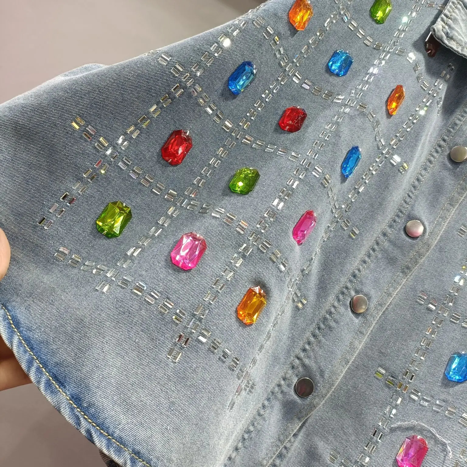 Spring Womens Rainbow Diamonds Denim Blouses Cow Plaids Drilling Shirts Coat Wide Legs Denim Pants Jeans Trousers 2Pcs Set 250808