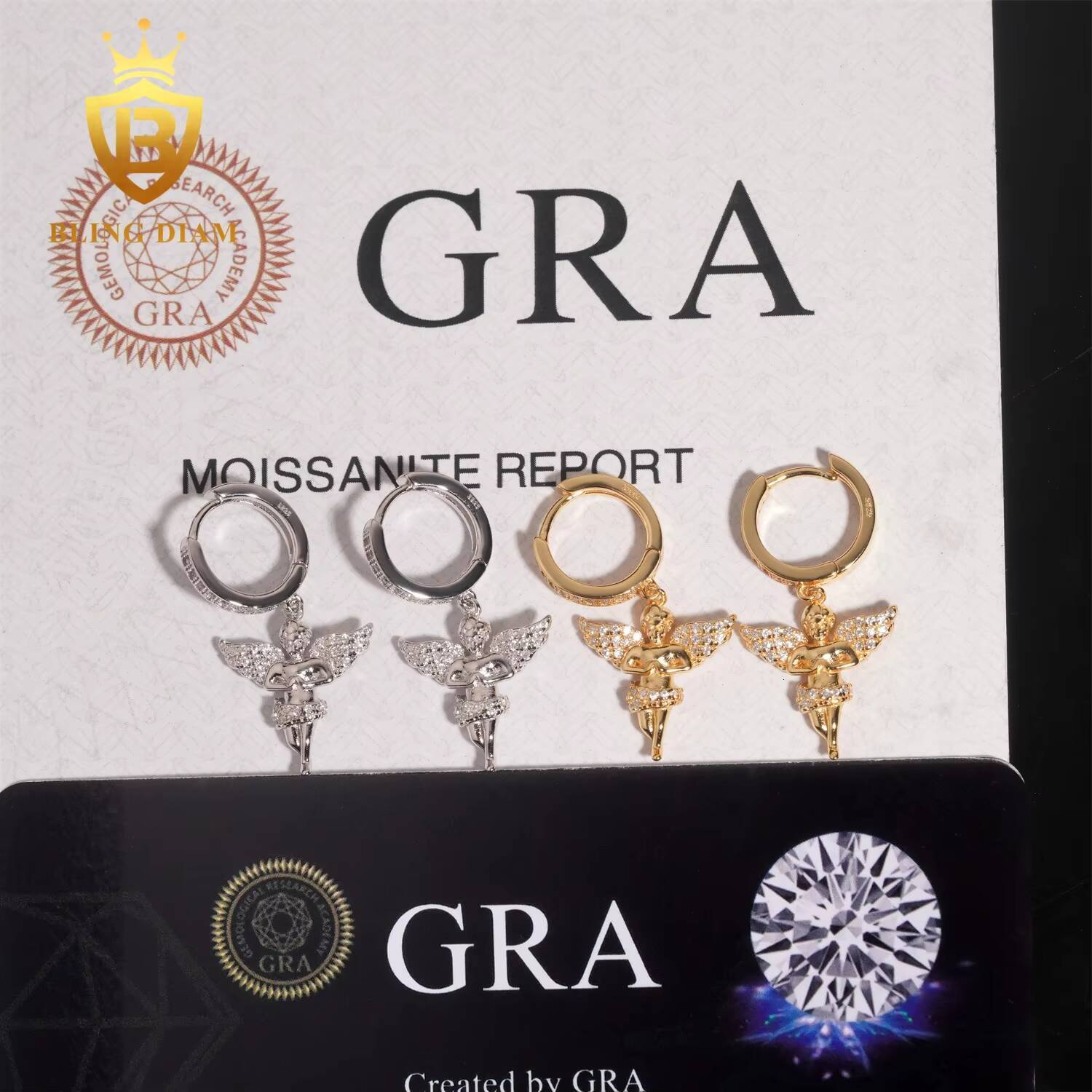 Luxury Style Popular Gold Plated 925 Sterling Silver Drop Angle Charm Moissanite Hoop Earrings